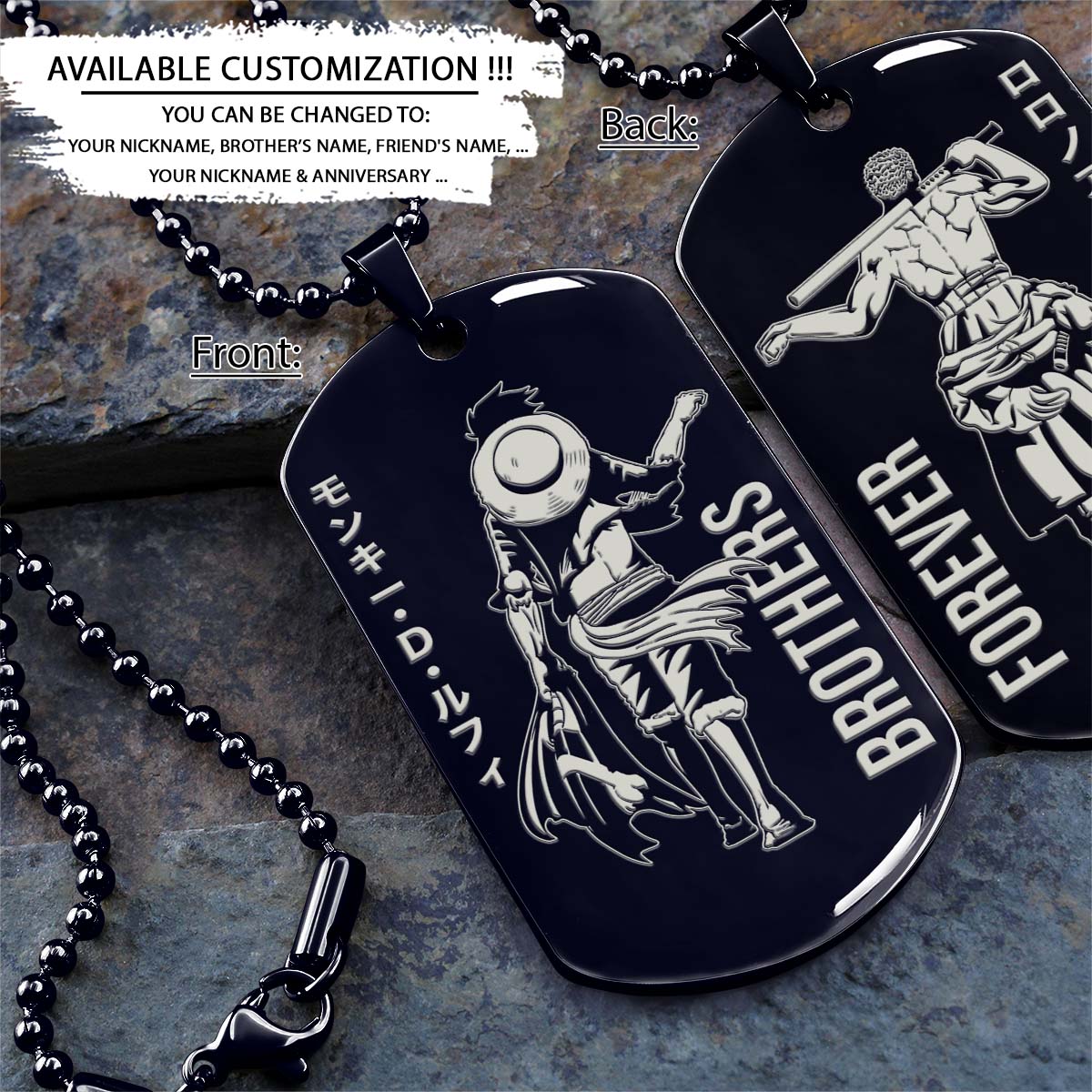 one piece dog tag - brothers forever - monkey d. luffy - roronoa zoro - one piece necklace - engrave dog tag