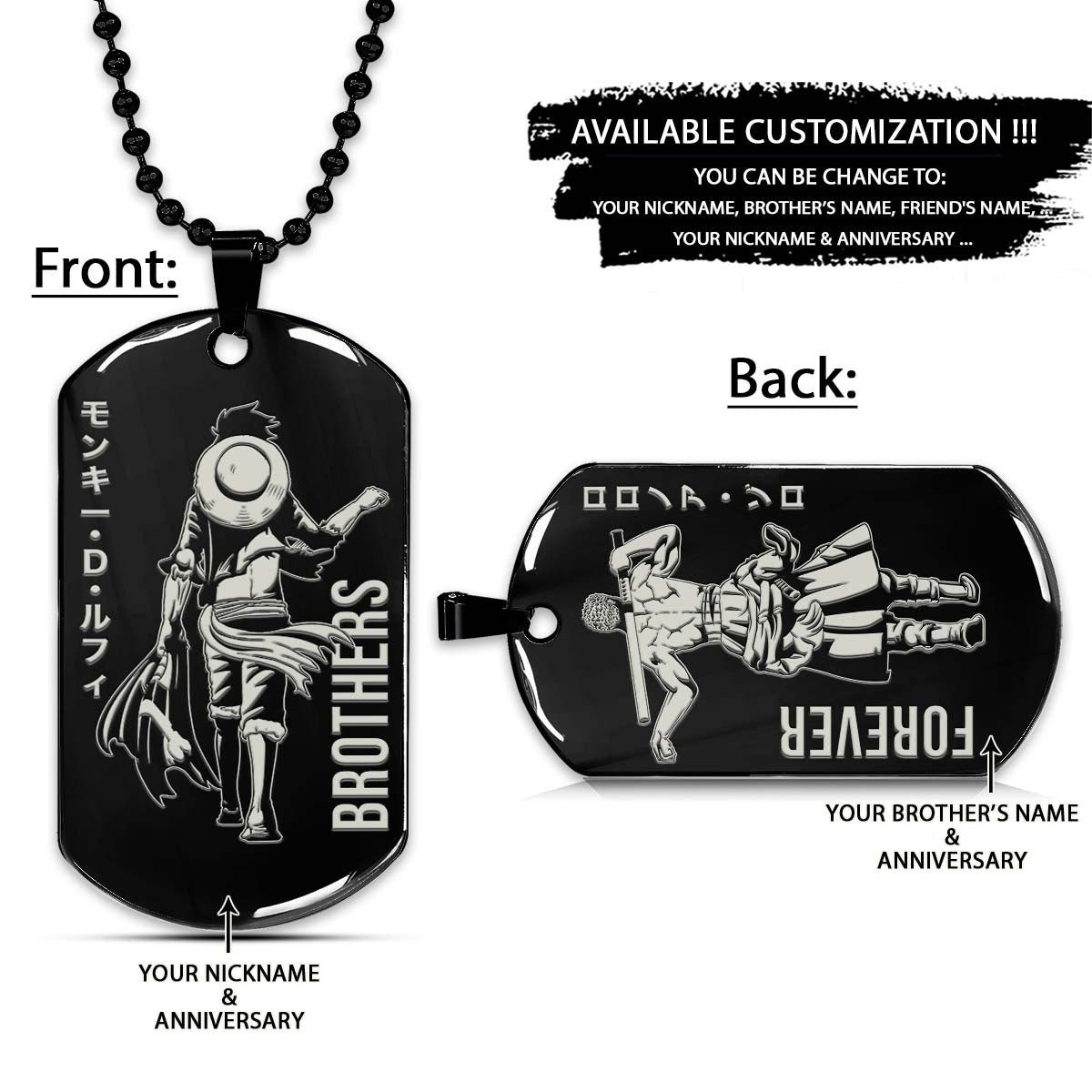 One Piece Dog Tag - Brothers Forever - Monkey D. Luffy - Roronoa Zoro - One Piece Necklace - Engrave Dog Tag