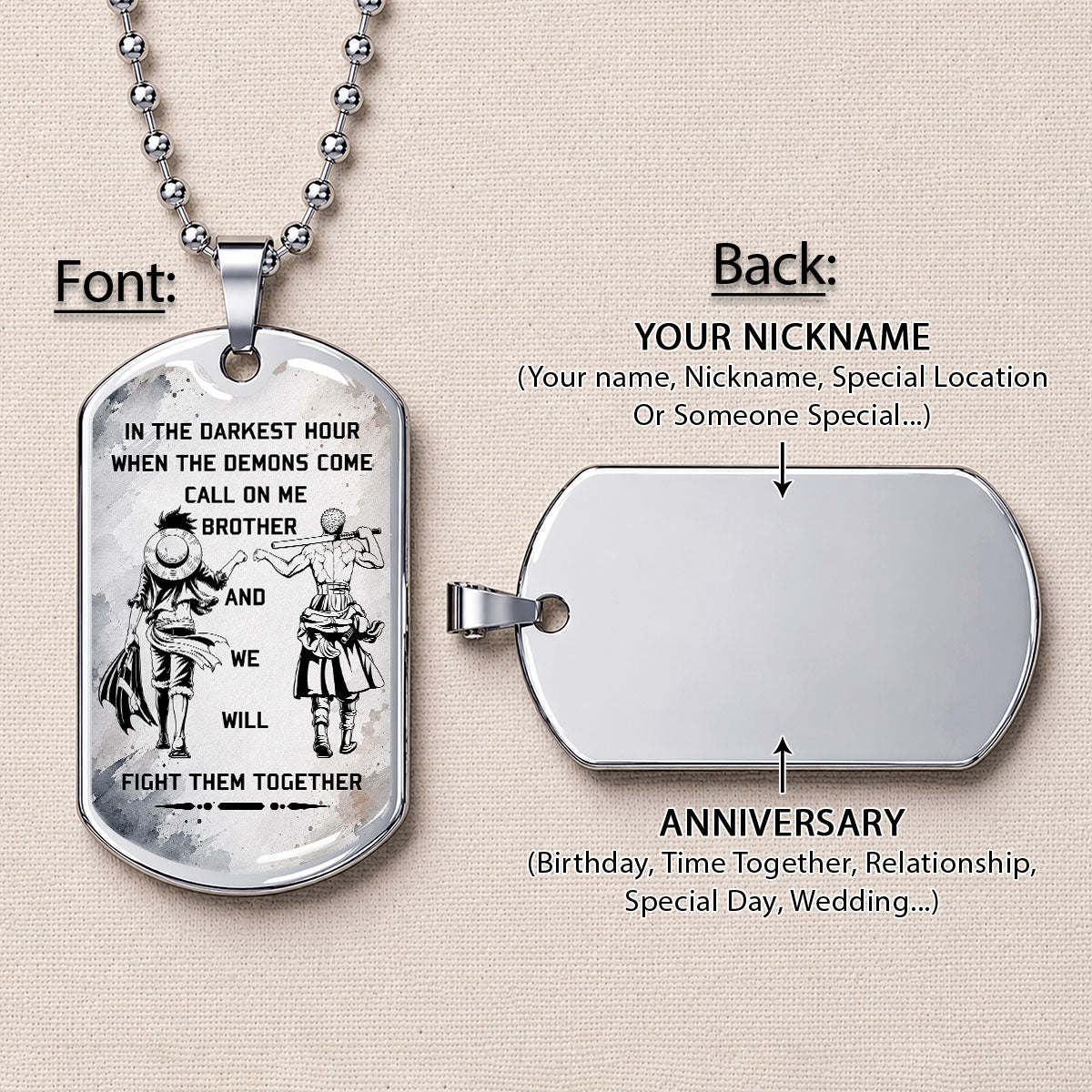 Personalized One Piece Luffy & Zoro Brother Dog Tag Necklace - Call On Me Brother - Stainless Steel Military Pendant Gift for Men - OPDL001