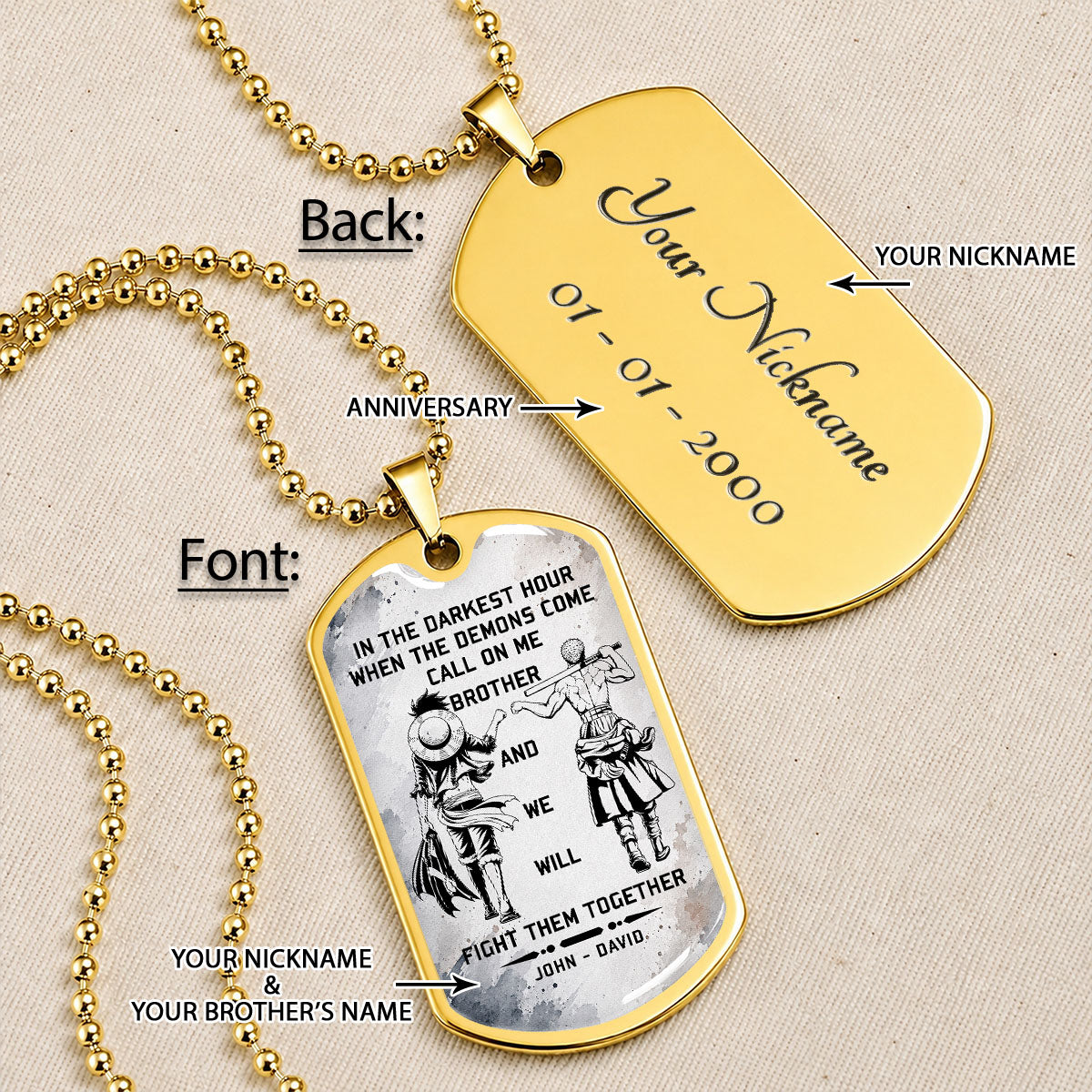 Personalized One Piece Luffy & Zoro Brother Dog Tag Necklace - Call On Me Brother - Stainless Steel Military Pendant Gift for Men - OPDL001