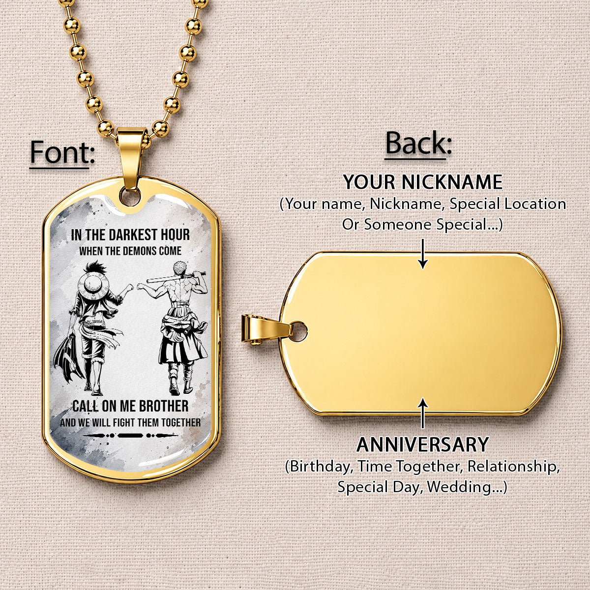 Personalized One Piece Luffy & Zoro Brother Dog Tag Necklace - Call On Me Brother - Stainless Steel Military Pendant Gift for Men - OPDL002
