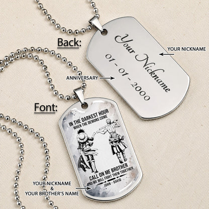 Personalized One Piece Luffy & Zoro Brother Dog Tag Necklace - Call On Me Brother - Stainless Steel Military Pendant Gift for Men - OPDL002