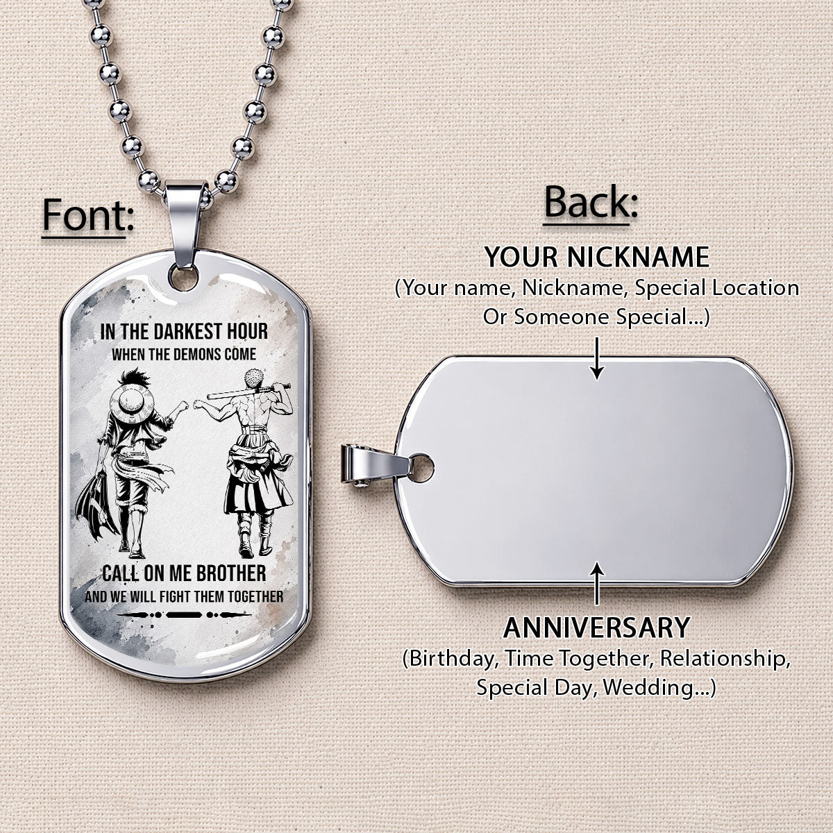 Personalized One Piece Luffy & Zoro Brother Dog Tag Necklace - Call On Me Brother - Stainless Steel Military Pendant Gift for Men - OPDL002