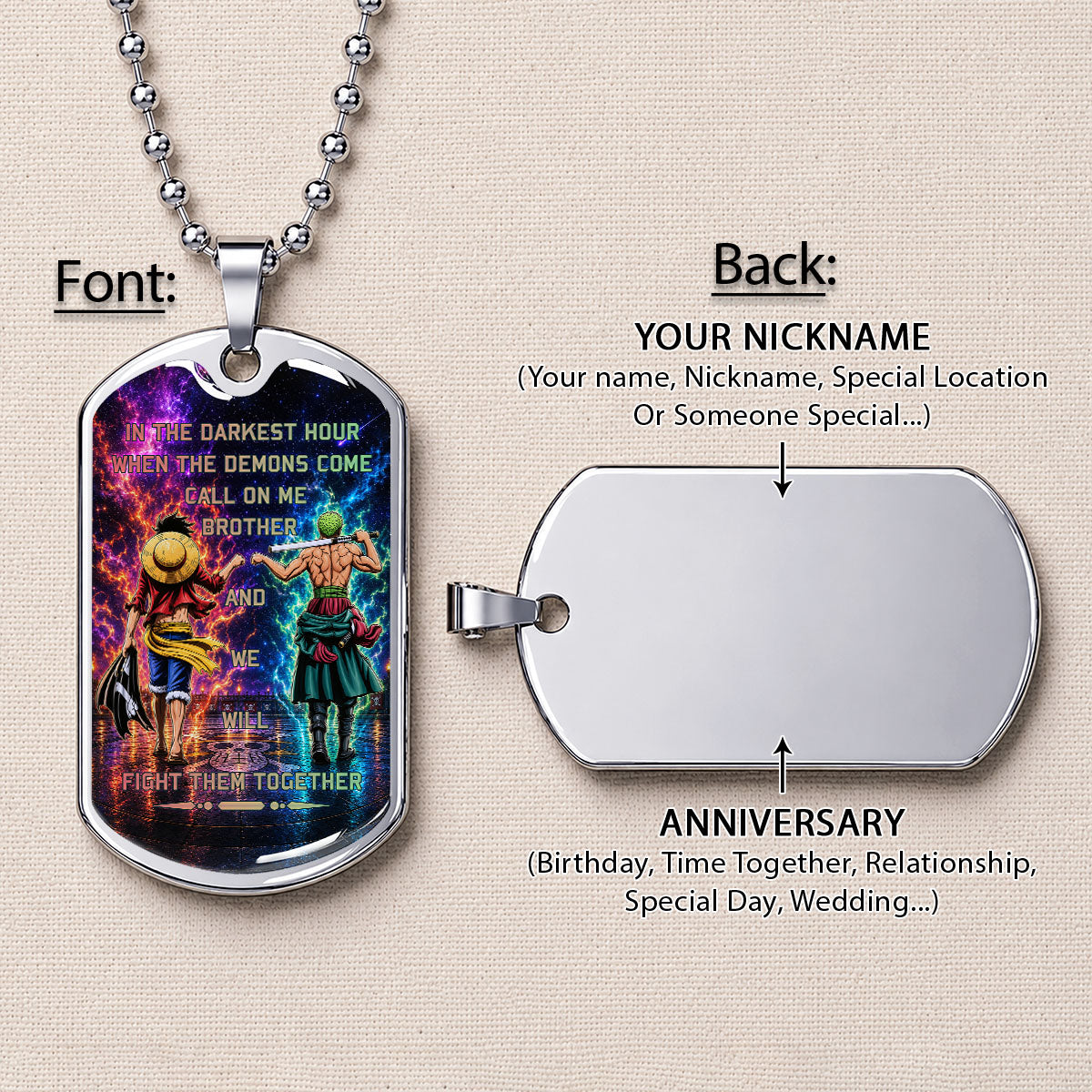 Personalized One Piece Luffy & Zoro Brother Dog Tag Necklace - Call On Me Brother - Stainless Steel Military Pendant Gift for Men - OPDL005