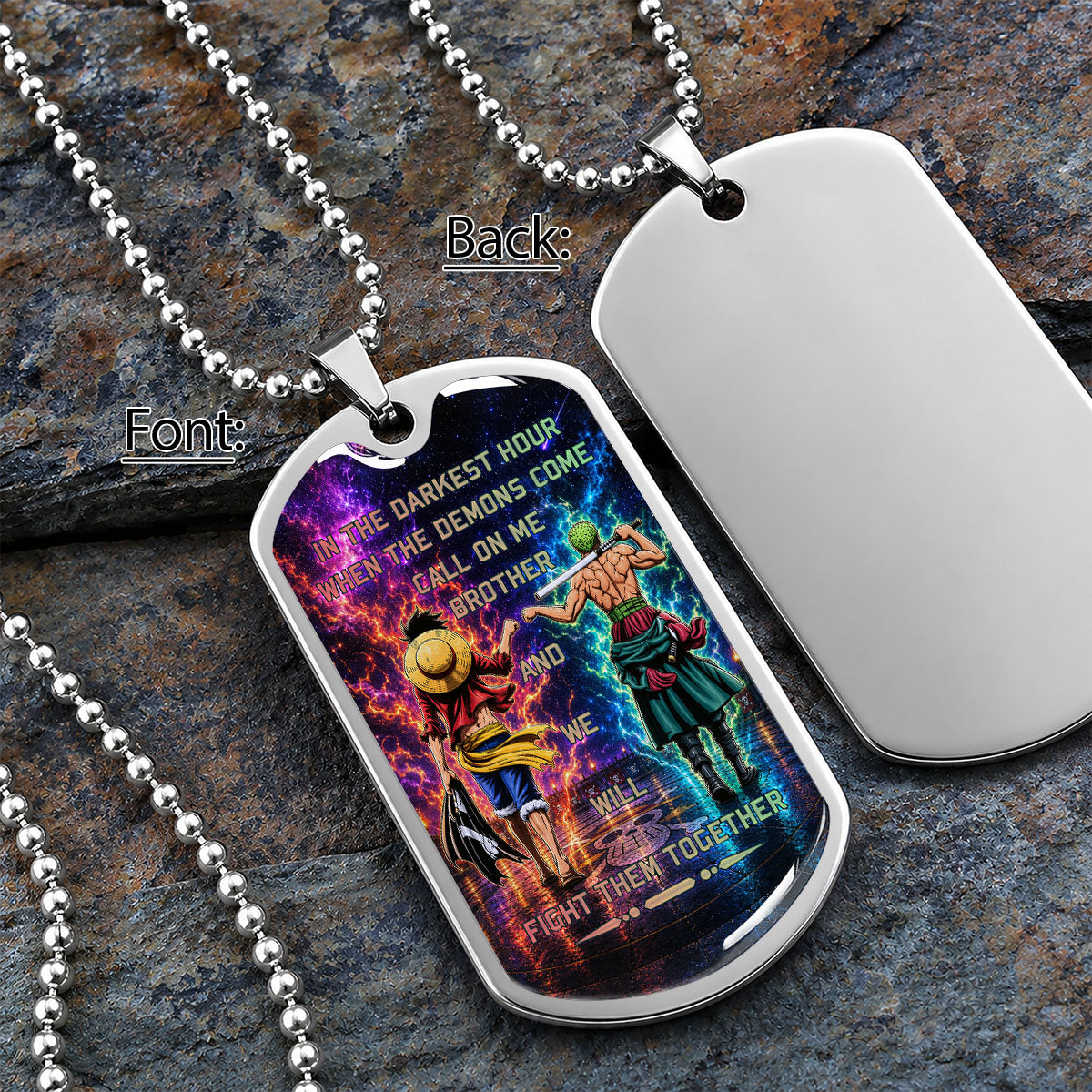 Personalized One Piece Luffy & Zoro Brother Dog Tag Necklace - Call On Me Brother - Stainless Steel Military Pendant Gift for Men - OPDL005