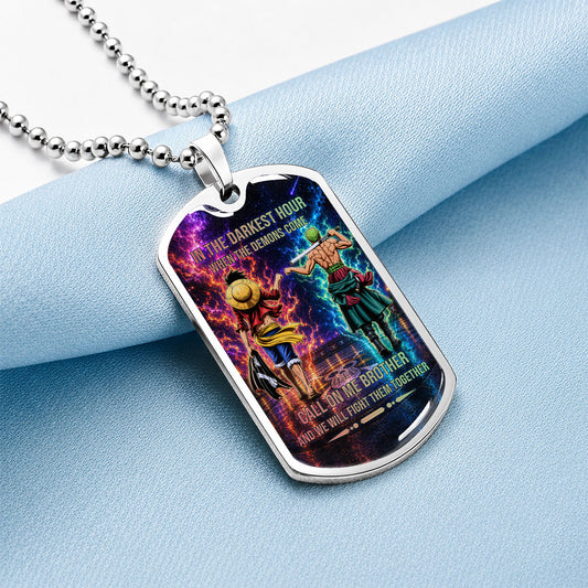 Personalized One Piece Luffy & Zoro Brother Dog Tag Necklace - Call On Me Brother - Stainless Steel Military Pendant Gift for Men - OPDL006