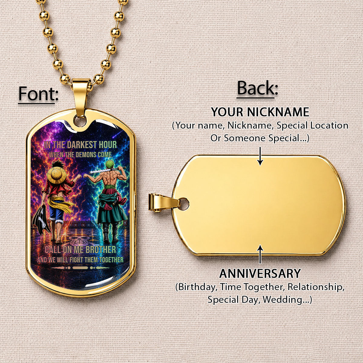Personalized One Piece Luffy & Zoro Brother Dog Tag Necklace - Call On Me Brother - Stainless Steel Military Pendant Gift for Men - OPDL006