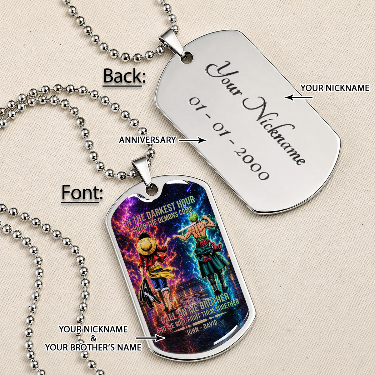 Personalized One Piece Luffy & Zoro Brother Dog Tag Necklace - Call On Me Brother - Stainless Steel Military Pendant Gift for Men - OPDL006
