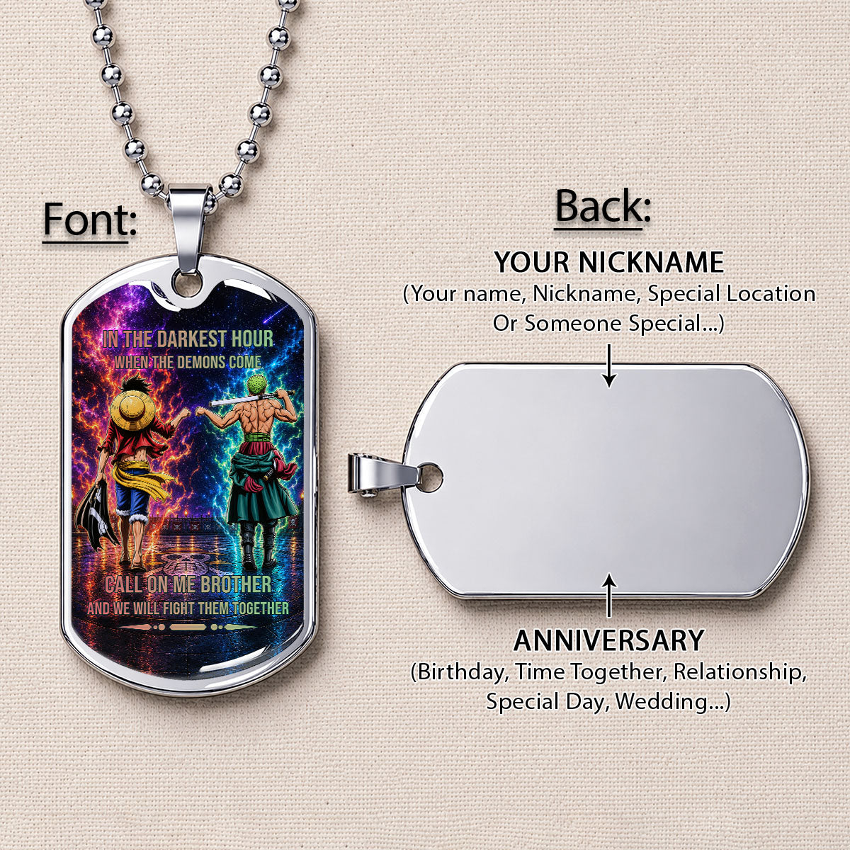 Personalized One Piece Luffy & Zoro Brother Dog Tag Necklace - Call On Me Brother - Stainless Steel Military Pendant Gift for Men - OPDL006