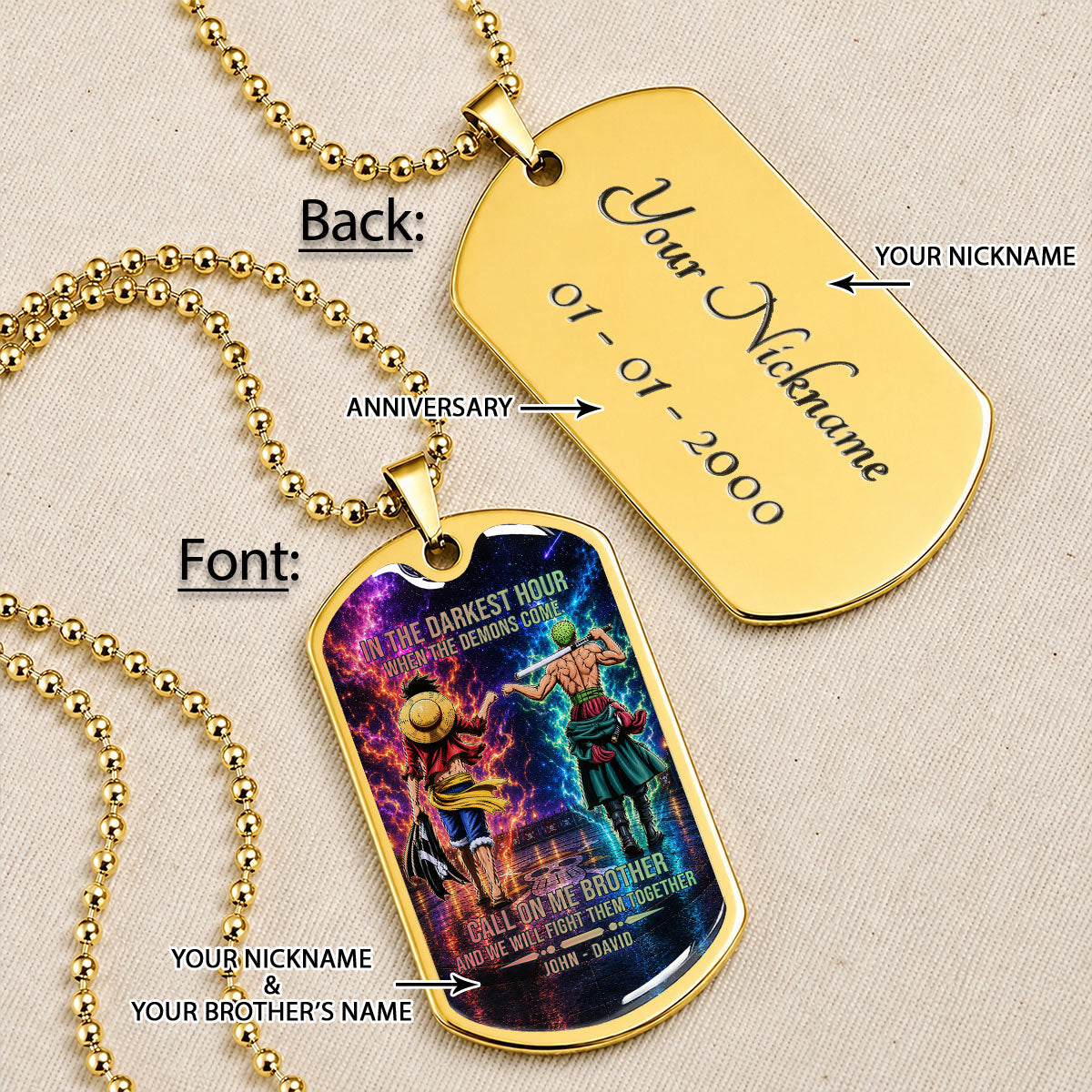Personalized One Piece Luffy & Zoro Brother Dog Tag Necklace - Call On Me Brother - Stainless Steel Military Pendant Gift for Men - OPDL006