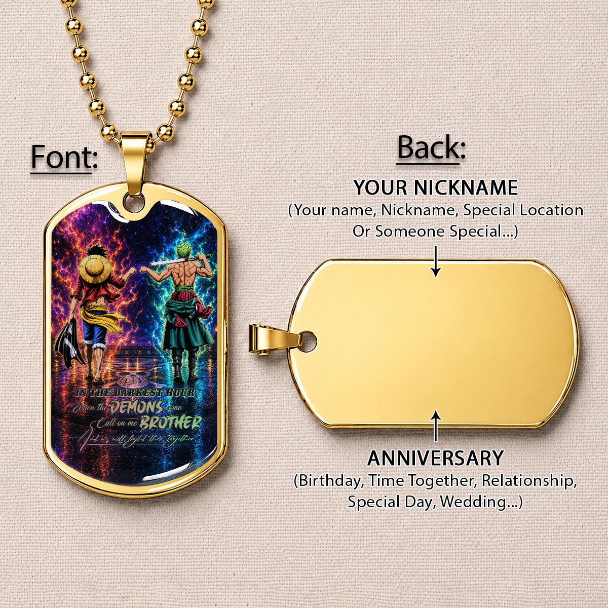 Personalized One Piece Luffy & Zoro Brother Dog Tag Necklace - Call On Me Brother - Stainless Steel Military Pendant Gift for Men - OPDL010