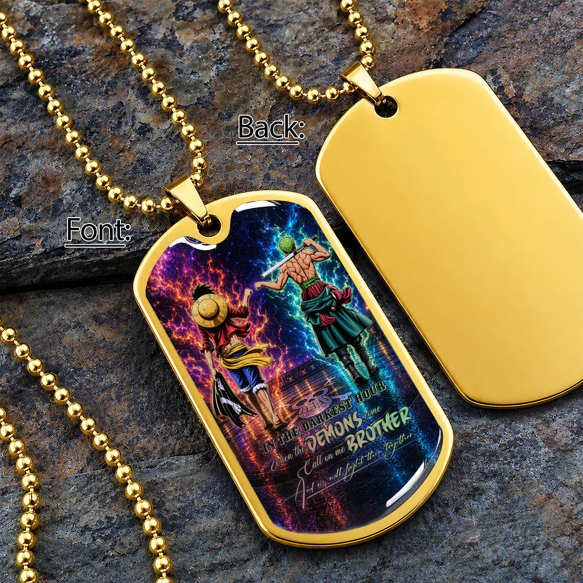 Personalized One Piece Luffy & Zoro Brother Dog Tag Necklace - Call On Me Brother - Stainless Steel Military Pendant Gift for Men - OPDL010