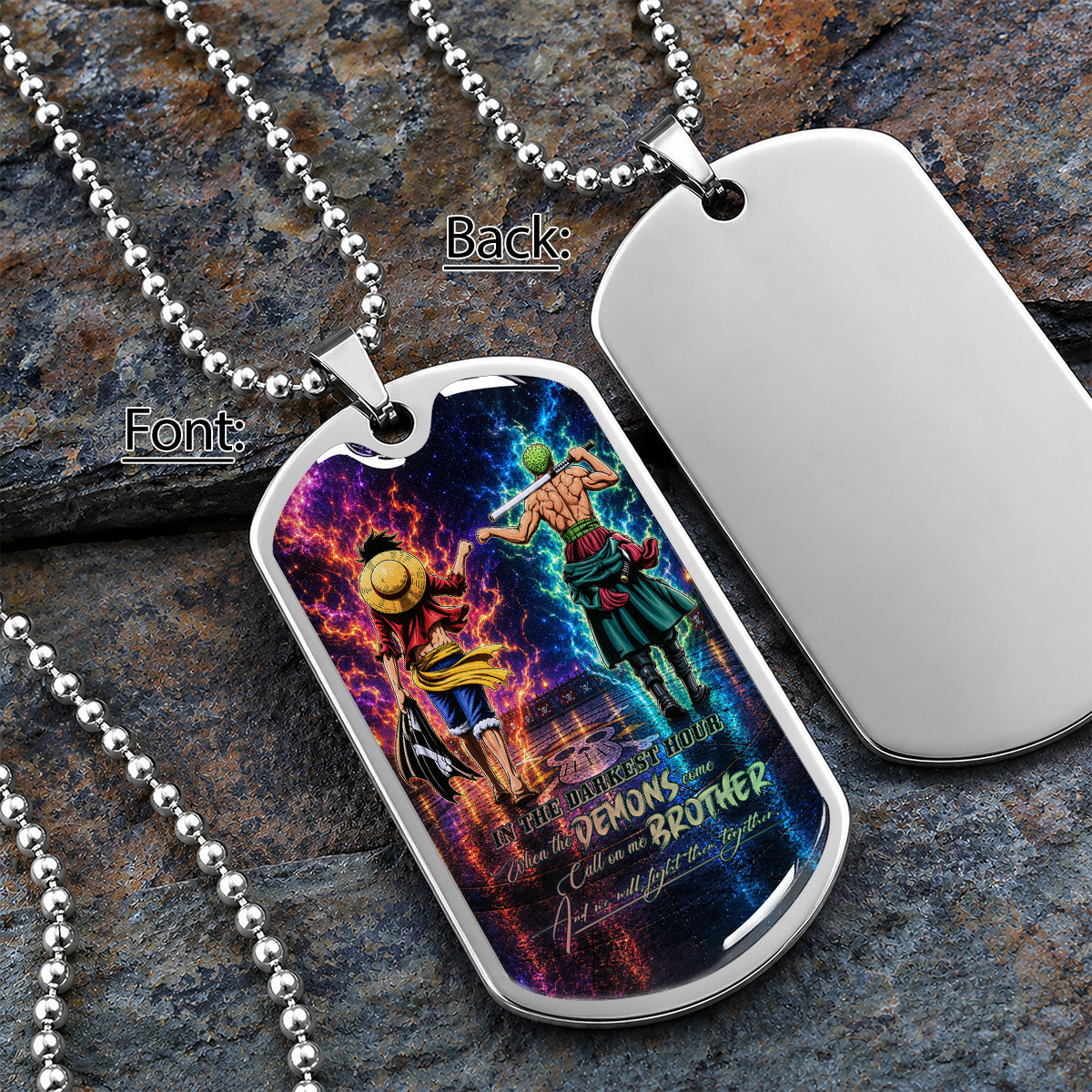 Personalized One Piece Luffy & Zoro Brother Dog Tag Necklace - Call On Me Brother - Stainless Steel Military Pendant Gift for Men - OPDL010
