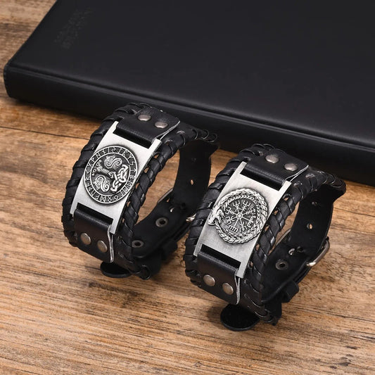 Viking - Rock Norse Viking Bracelets for Men,Thor's Hammer Dragon Compass Charm Leather Rope Wristband
