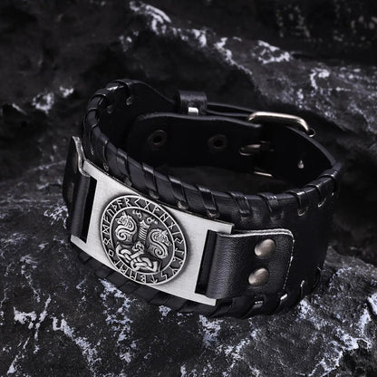 Viking - Rock Norse Viking Bracelets for Men,Thor's Hammer Dragon Compass Charm Leather Rope Wristband
