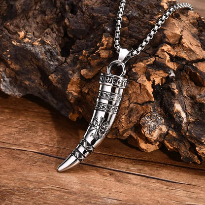 Viking - Rock Punk Viking Horn Necklaces for Men, Stainless Steel Norse Celtic Knots Compass Pendant Collar, Amulet Gift Jewelry