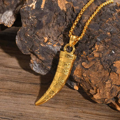 Viking - Rock Punk Viking Horn Necklaces for Men, Stainless Steel Norse Celtic Knots Compass Pendant Collar, Amulet Gift Jewelry