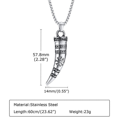 Viking - Rock Punk Viking Horn Necklaces for Men, Stainless Steel Norse Celtic Knots Compass Pendant Collar, Amulet Gift Jewelry