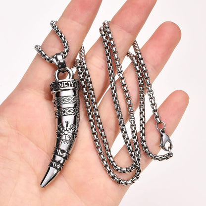 Viking - Rock Punk Viking Horn Necklaces for Men, Stainless Steel Norse Celtic Knots Compass Pendant Collar, Amulet Gift Jewelry