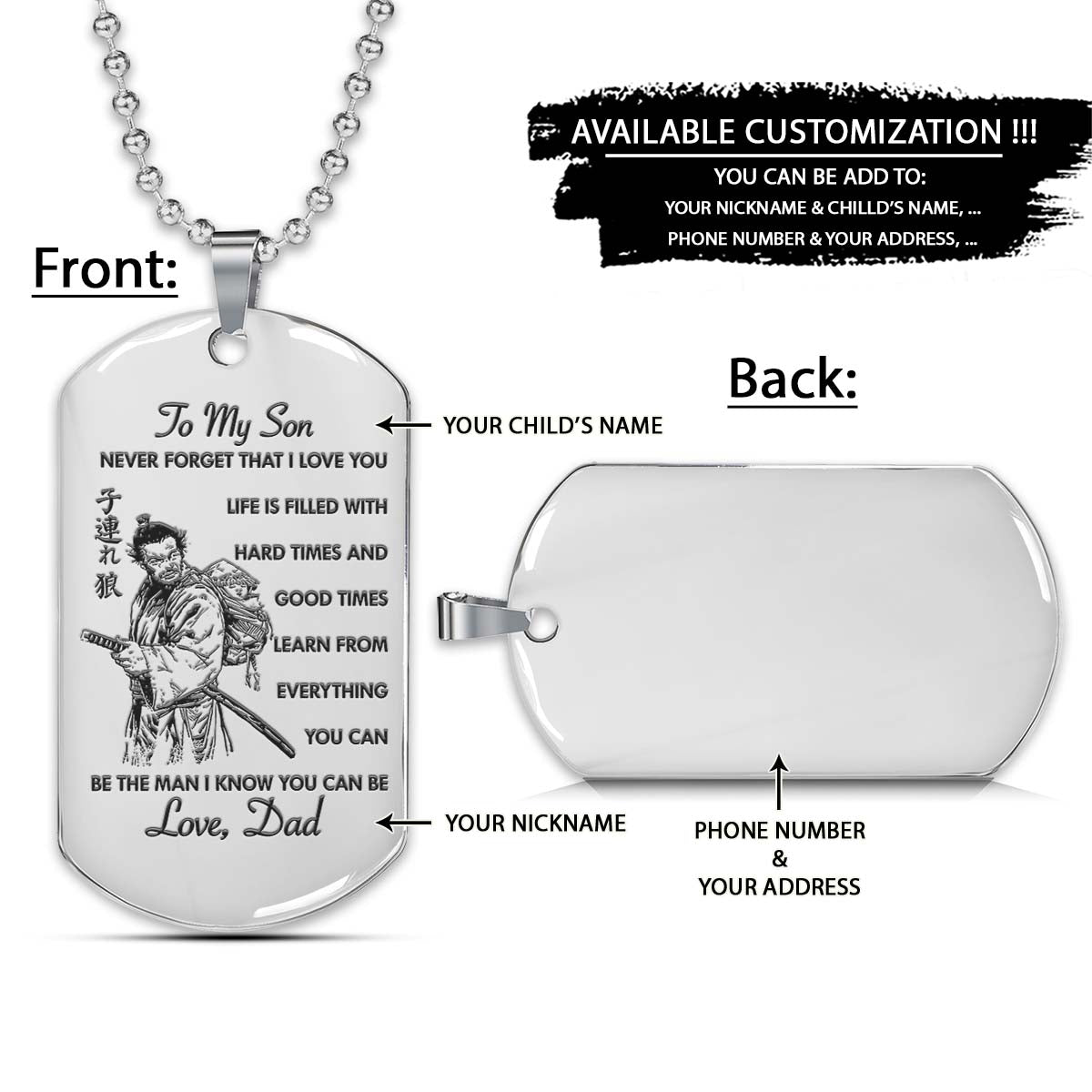 samurai dog tag - dad to son - never forget that i love you - bushido - katana - ronin - miyamoto musashi - samurai necklace - engrave dog tag