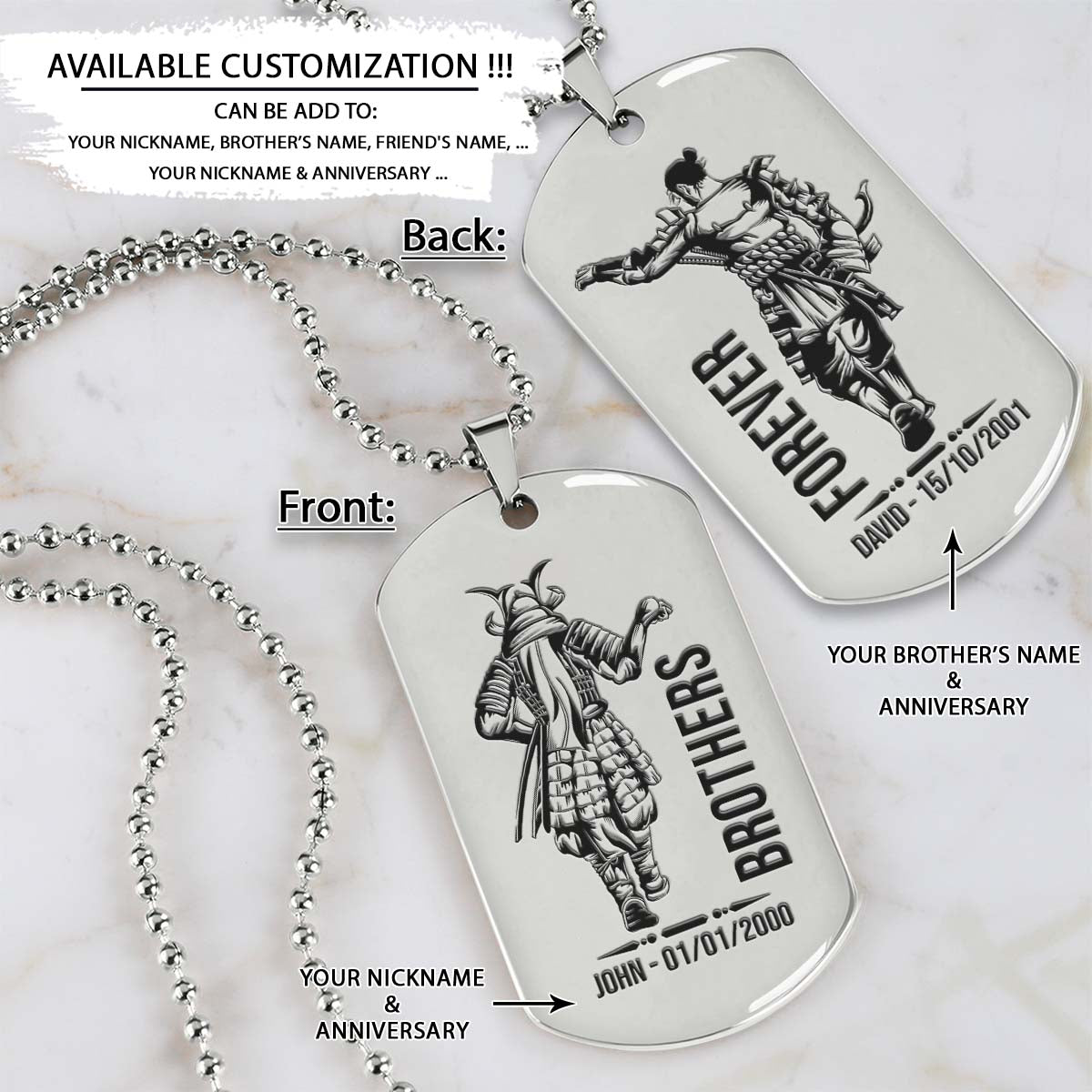 samurai dog tag - brothers forever - bushido - katana - ronin - miyamoto musashi - samurai necklace - engrave dog tag