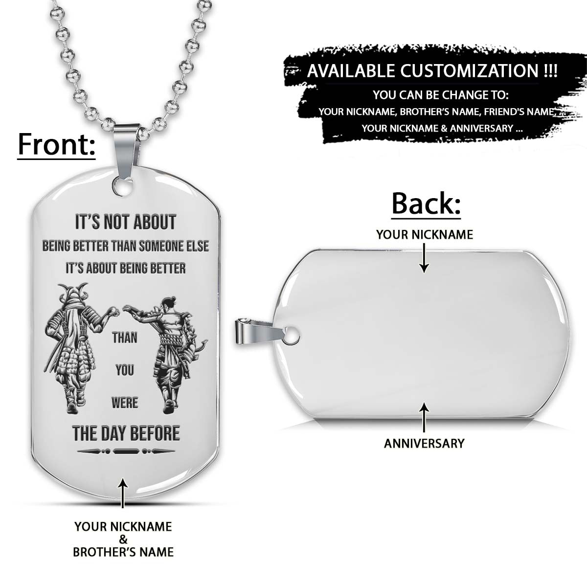 Samurai Dog Tag - It's About Being Better Than You Were The Day Before - Bushido - Katana - Ronin - Miyamoto Musashi - Samurai Necklace - Engrave Dog Tag
