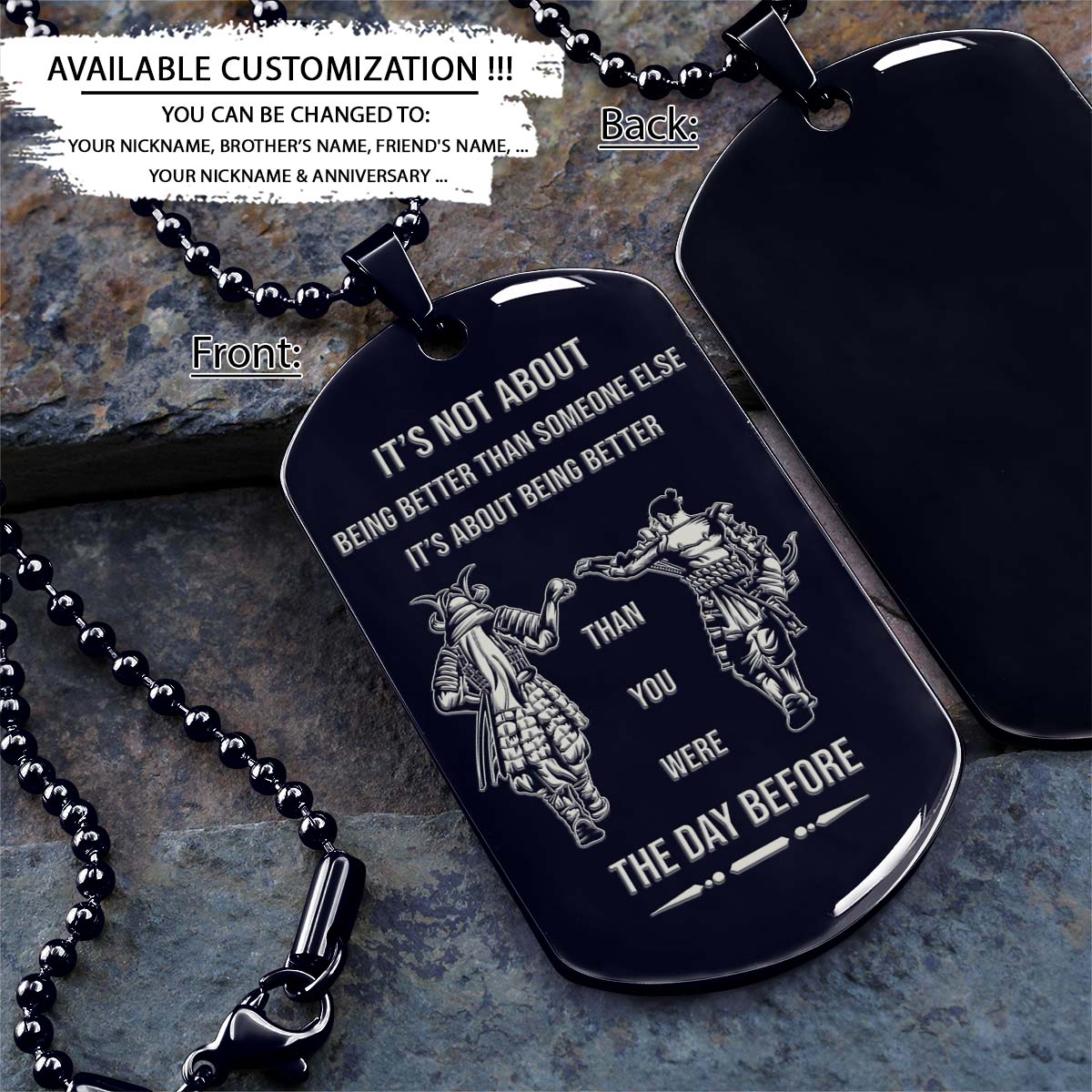 Samurai Dog Tag - It's About Being Better Than You Were The Day Before - Bushido - Katana - Ronin - Miyamoto Musashi - Samurai Necklace - Engrave Dog Tag