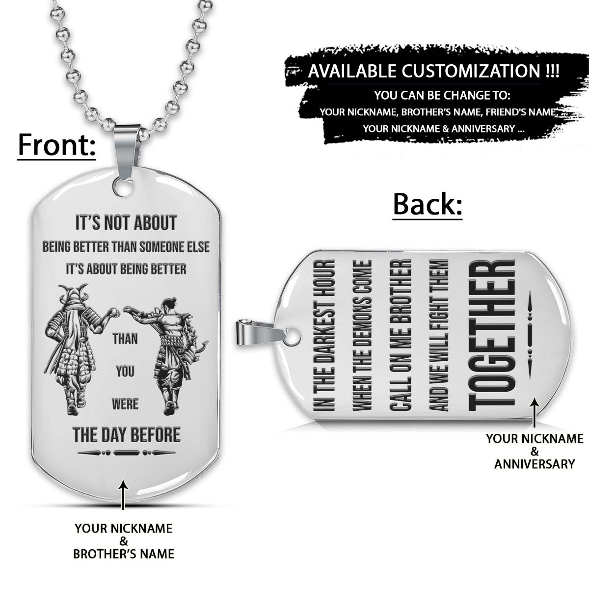 Samurai Dog Tag - Call On Me Brother - It's About Being Better Than You Were The Day Before - Bushido - Katana - Ronin - Miyamoto Musashi - Samurai Necklace - Engrave Dog Tag