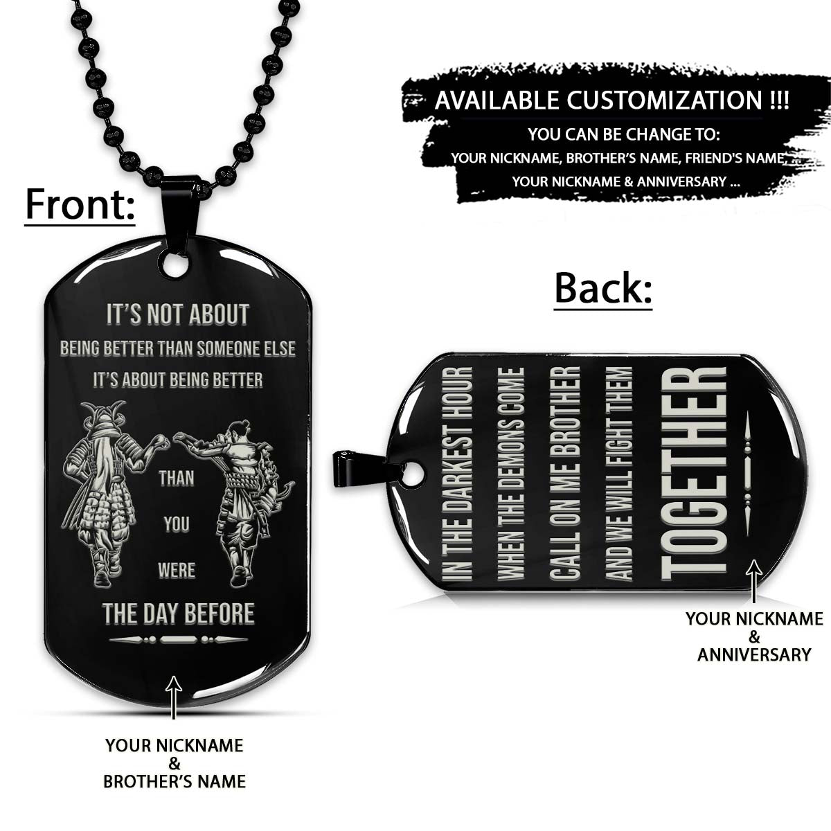 Samurai Dog Tag - Call On Me Brother - It's About Being Better Than You Were The Day Before - Bushido - Katana - Ronin - Miyamoto Musashi - Samurai Necklace - Engrave Dog Tag