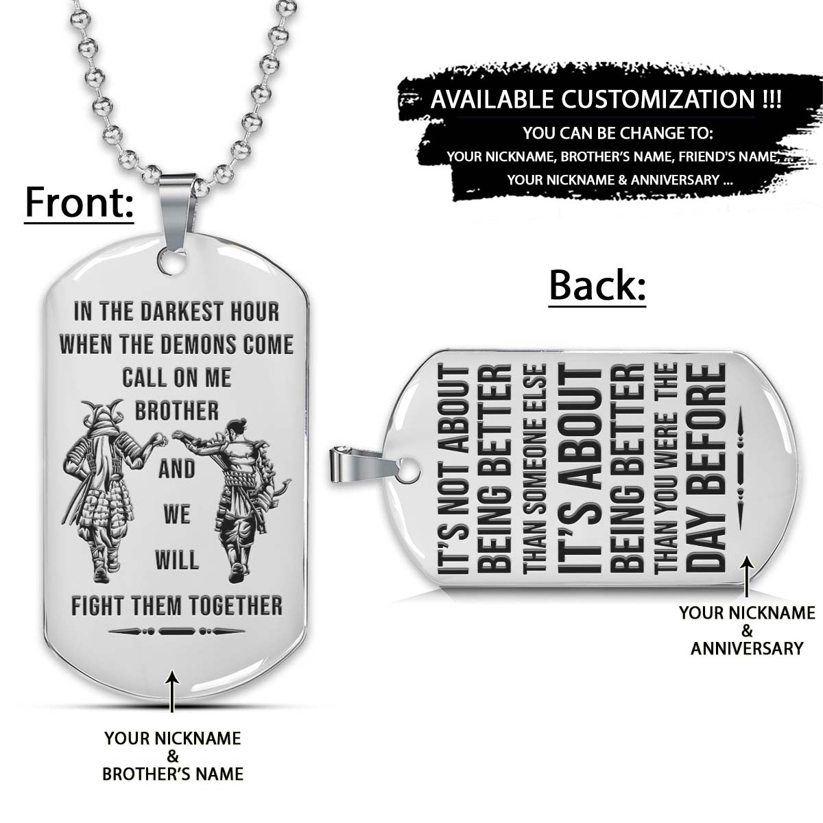 Samurai Dog Tag - Call On Me Brother - It's About Being Better Than You Were The Day Before - Bushido - Katana - Ronin - Miyamoto Musashi - Samurai Necklace - Engrave Dog Tag