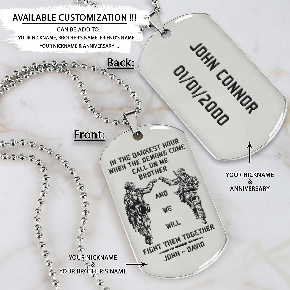 soldier dog tag - call on me brother - army - navy - marines - air force - soldier necklace - engrave dog tag