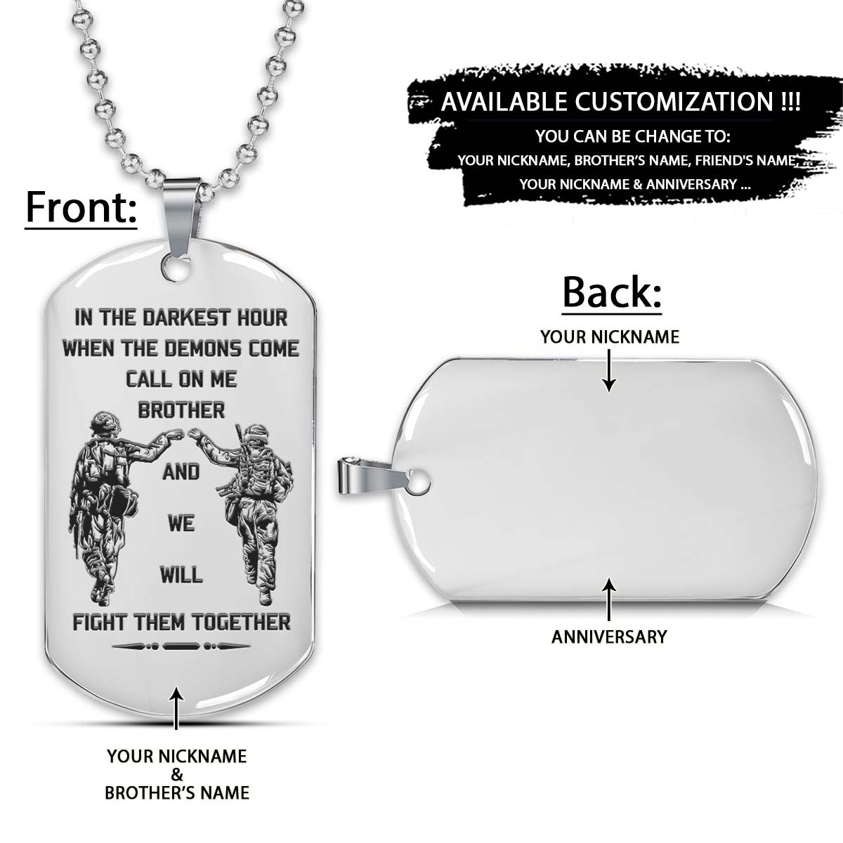 soldier dog tag - call on me brother - army - navy - marines - air force - soldier necklace - engrave dog tag
