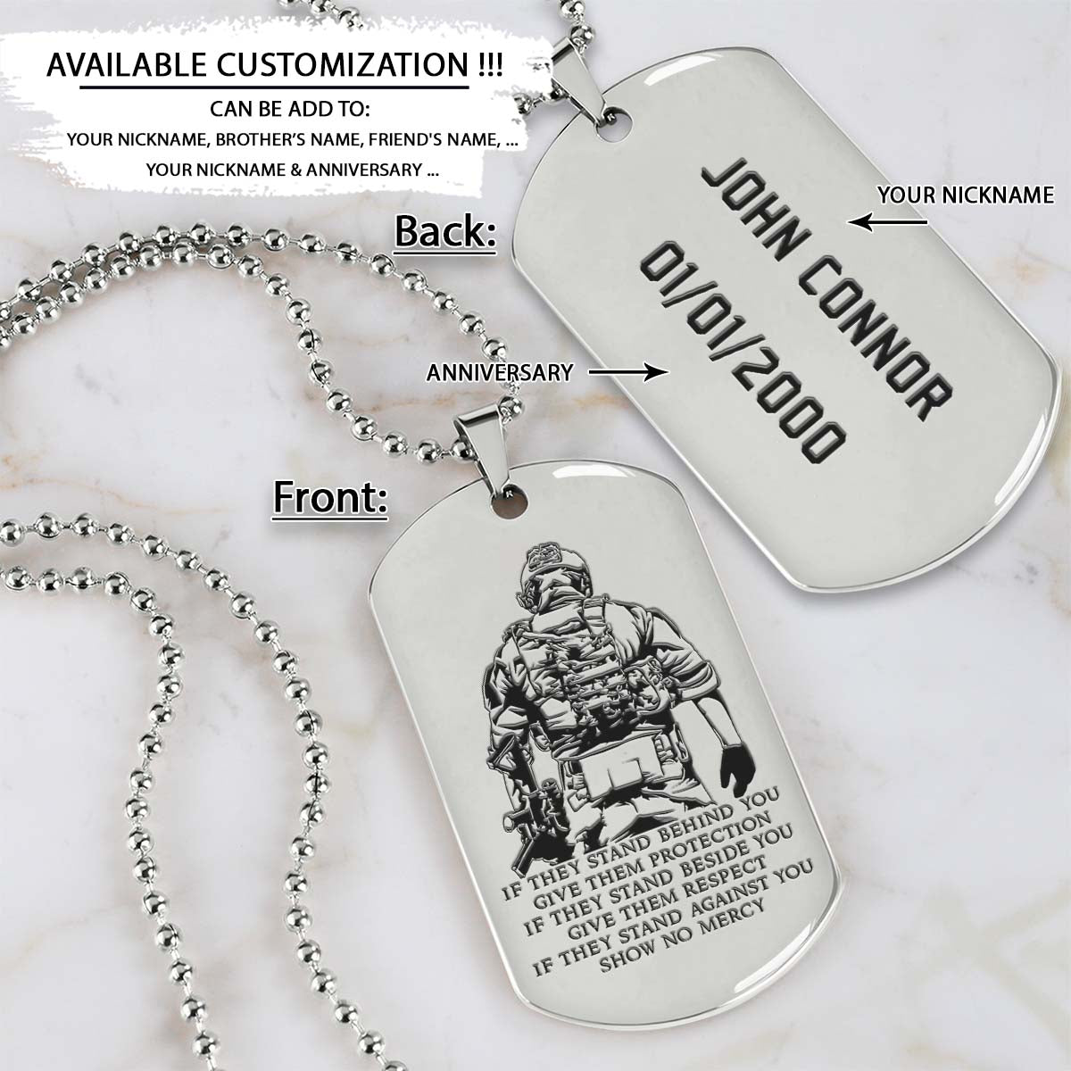 Soldier Dog Tag - IF - Show No Mercy - Army - Navy - Marines - Air Force - Soldier Necklace - Engrave Dog Tag