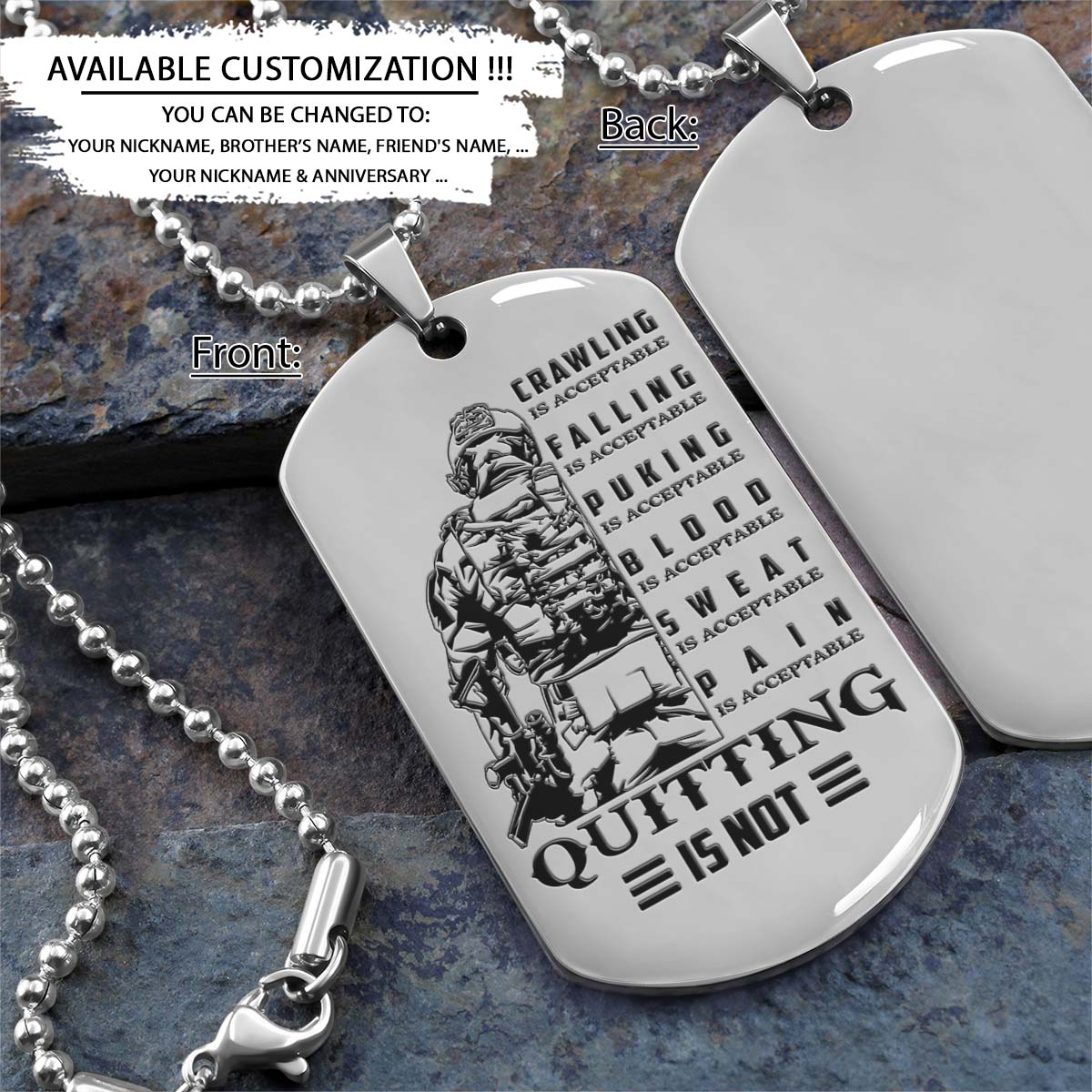 soldier dog tag - quitting is not - army - navy - marines - air force - soldier necklace - engrave dog tag
