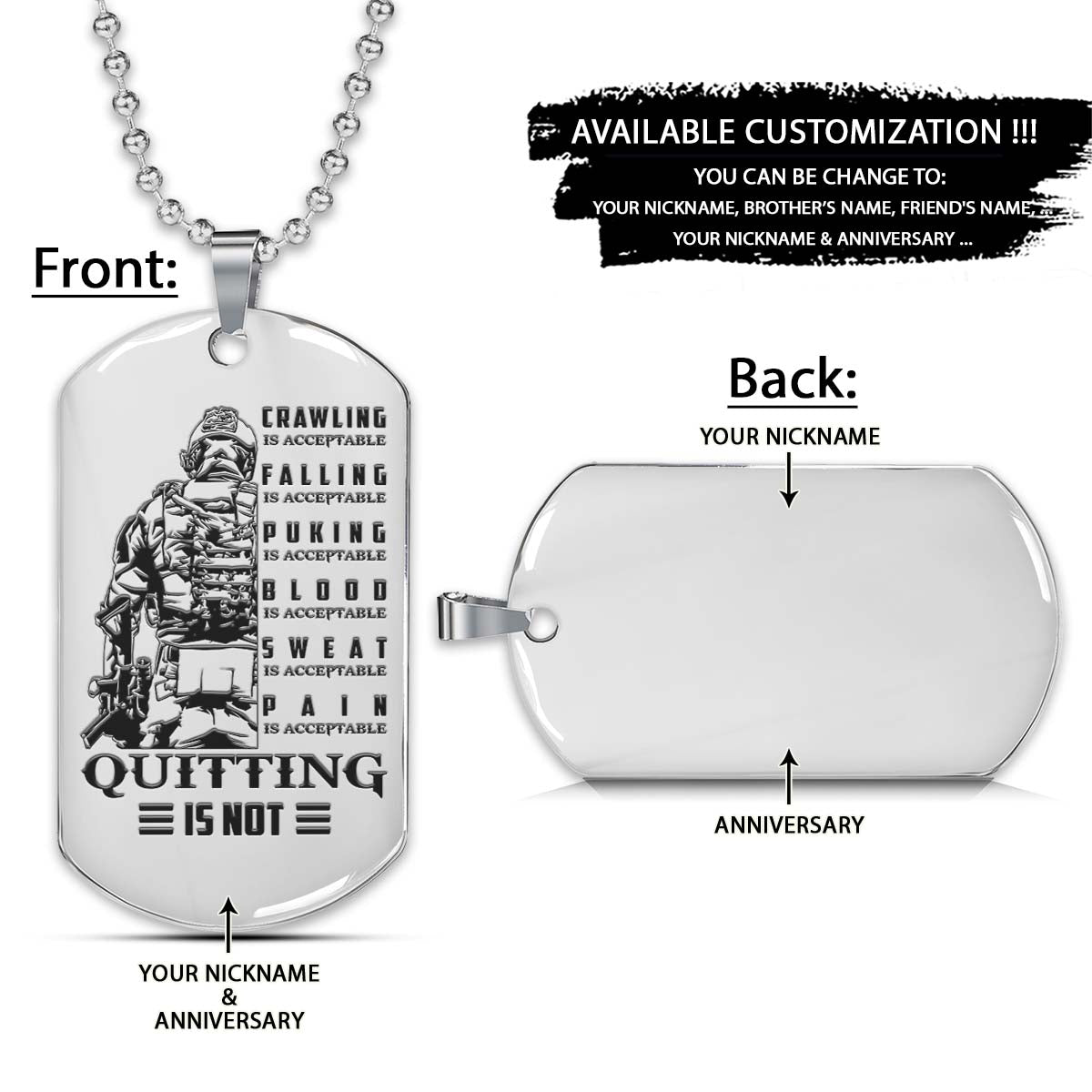 soldier dog tag - quitting is not - army - navy - marines - air force - soldier necklace - engrave dog tag