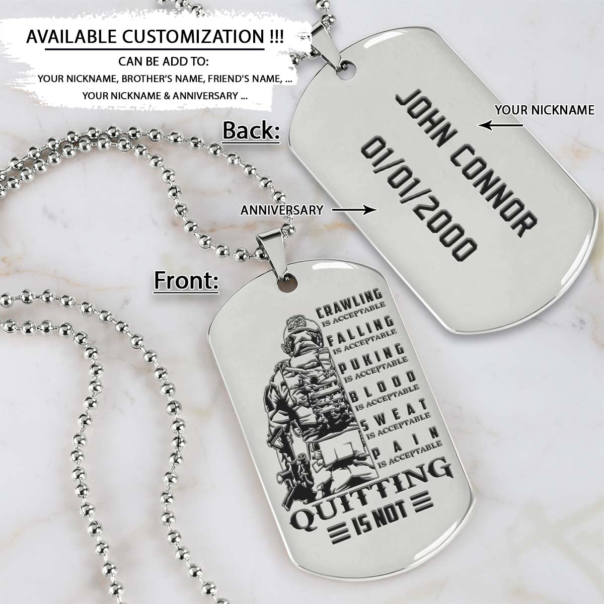 soldier dog tag - quitting is not - army - navy - marines - air force - soldier necklace - engrave dog tag