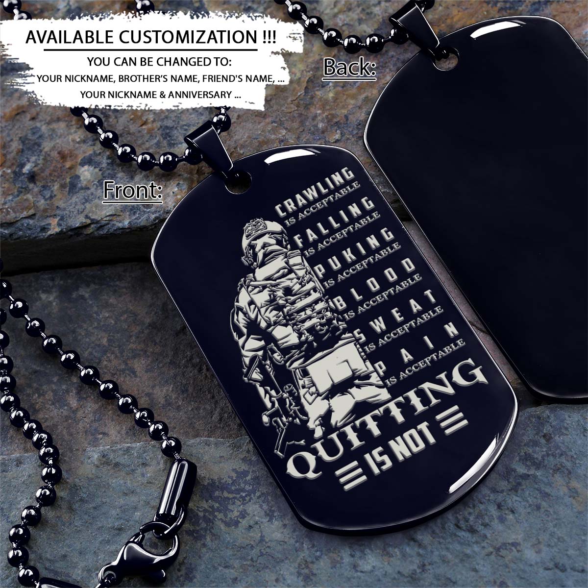 soldier dog tag - quitting is not - army - navy - marines - air force - soldier necklace - engrave dog tag
