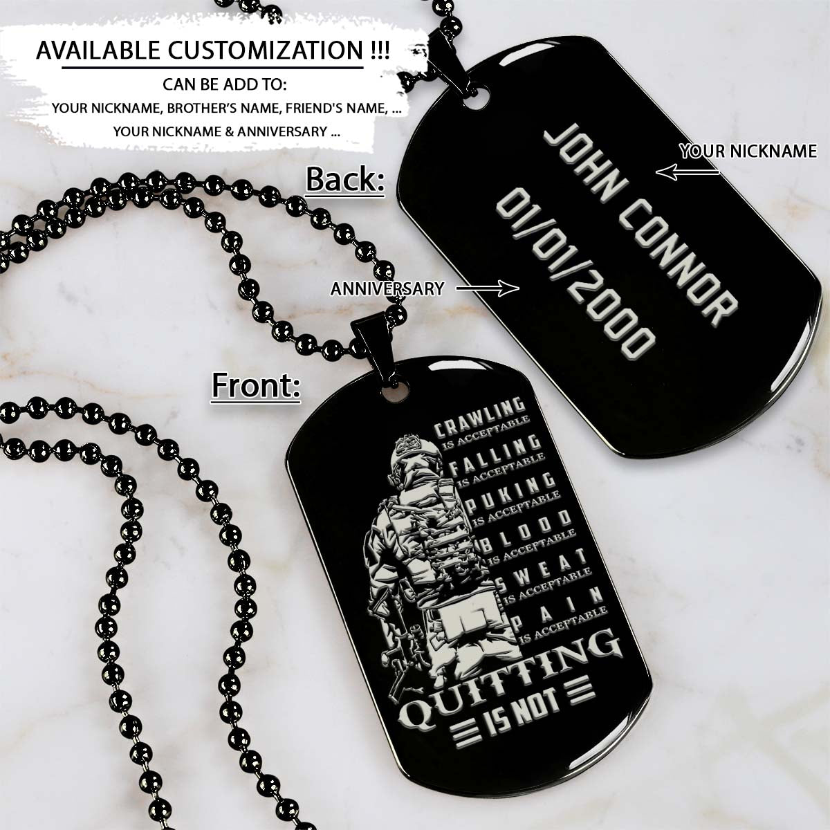 soldier dog tag - quitting is not - army - navy - marines - air force - soldier necklace - engrave dog tag