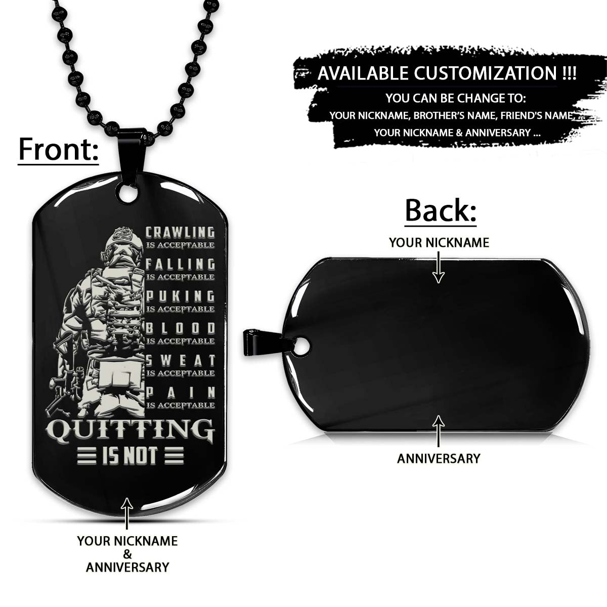 soldier dog tag - quitting is not - army - navy - marines - air force - soldier necklace - engrave dog tag