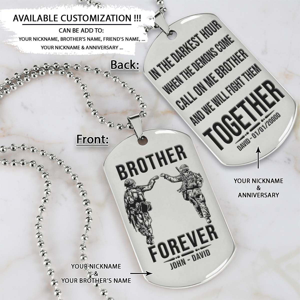 soldier dog tag - brother forever - call on me brother - army - navy - marines - air force - soldier necklace - engrave dog tag
