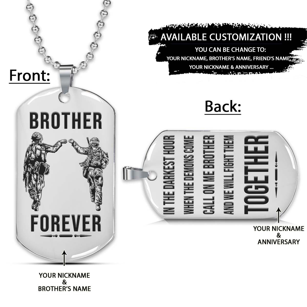soldier dog tag - brother forever - call on me brother - army - navy - marines - air force - soldier necklace - engrave dog tag