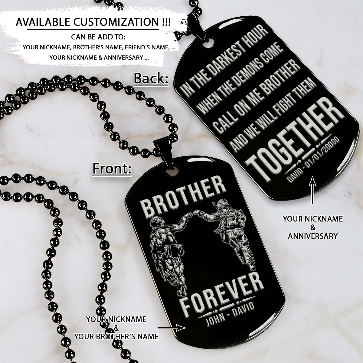 soldier dog tag - brother forever - call on me brother - army - navy - marines - air force - soldier necklace - engrave dog tag
