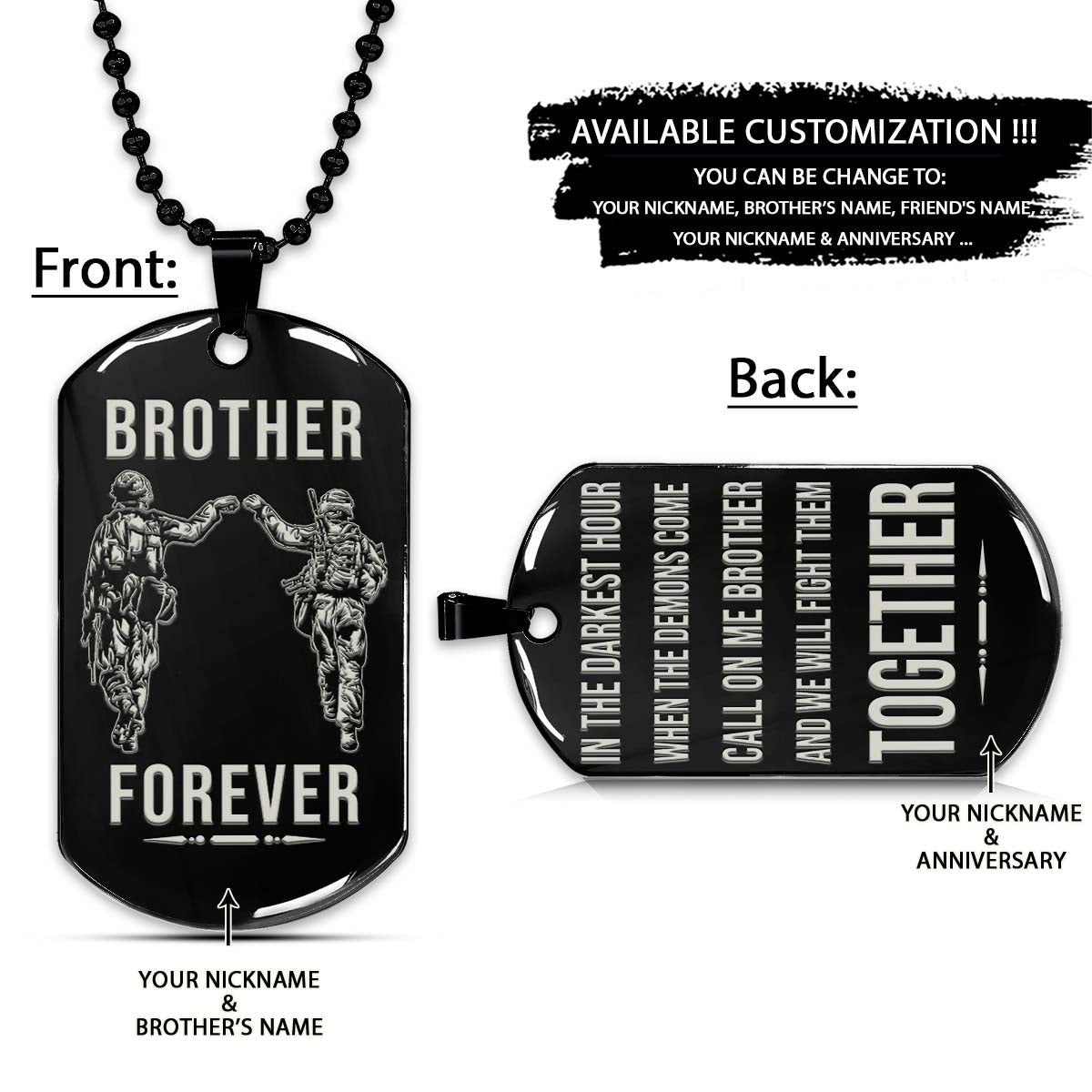 soldier dog tag - brother forever - call on me brother - army - navy - marines - air force - soldier necklace - engrave dog tag