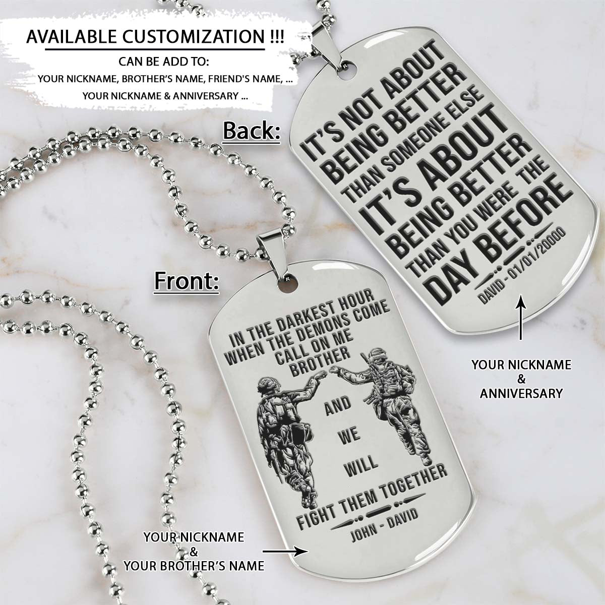 soldier dog tag - call on me brother - it's about being better than you were the day before - army - navy - marines - air force - soldier necklace - engrave dog tag