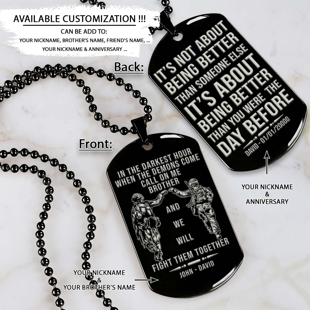 soldier dog tag - call on me brother - it's about being better than you were the day before - army - navy - marines - air force - soldier necklace - engrave dog tag