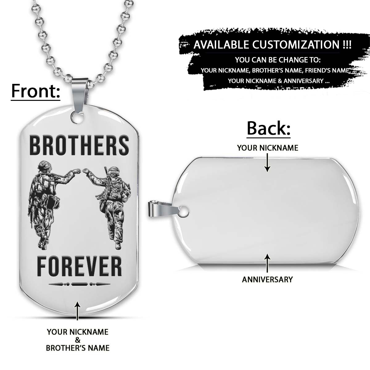 Soldier Dog Tag - Brothers Forever - Army - Navy - Marines - Air Force - Soldier Necklace - Engrave Dog Tag