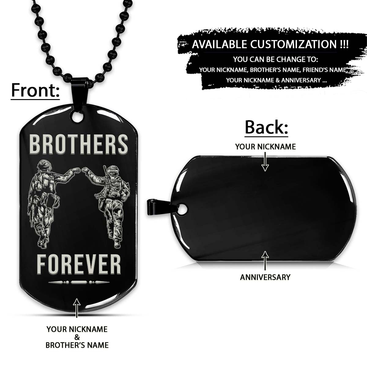 Soldier Dog Tag - Brothers Forever - Army - Navy - Marines - Air Force - Soldier Necklace - Engrave Dog Tag