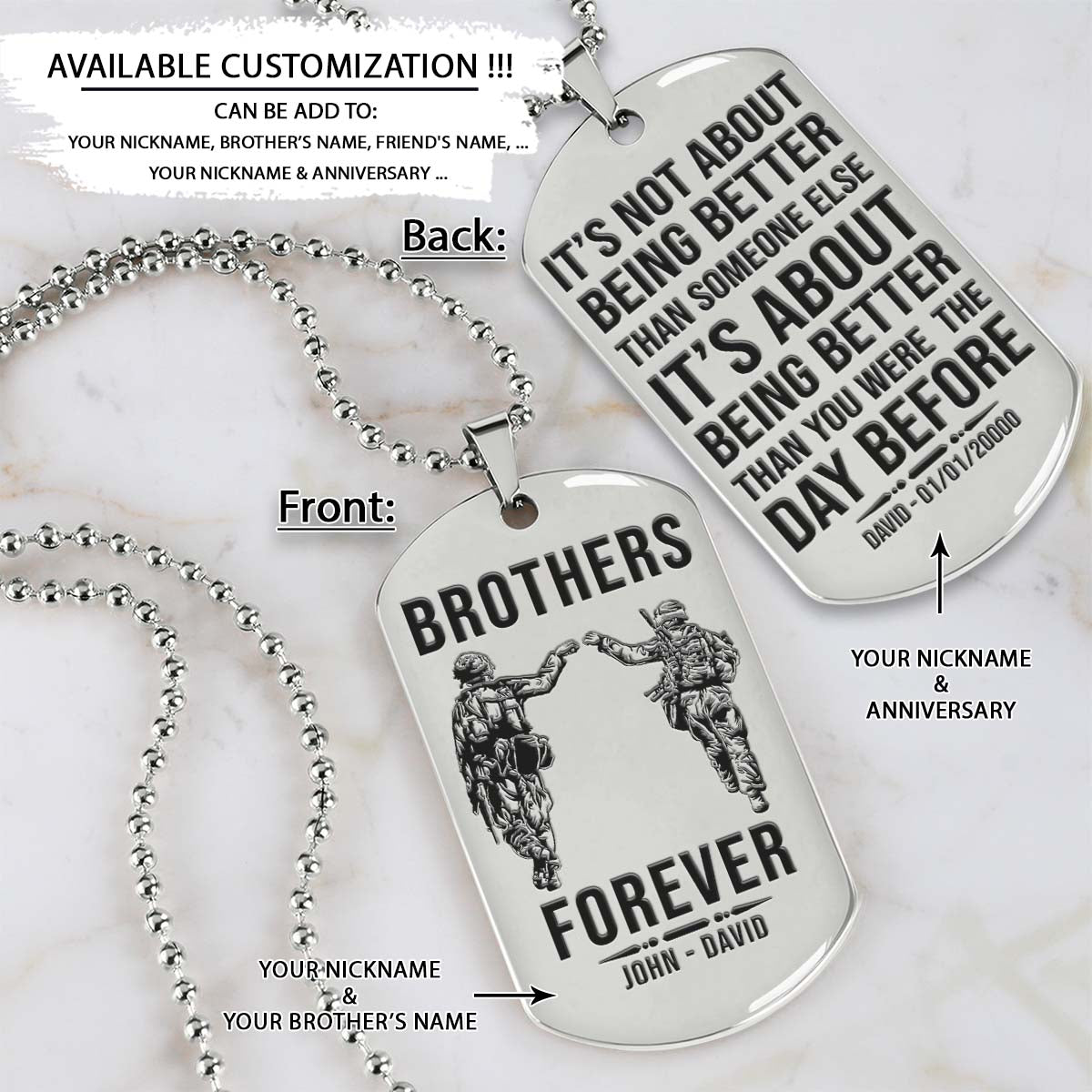 soldier dog tag - brothers forever - it's about being better than you were the day before - army - navy - marines - air force - soldier necklace - engrave dog tag