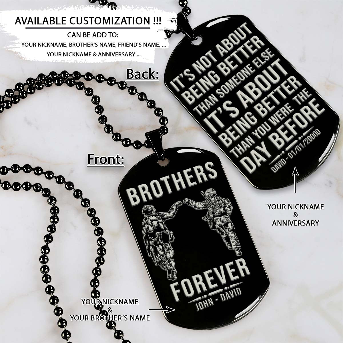 soldier dog tag - brothers forever - it's about being better than you were the day before - army - navy - marines - air force - soldier necklace - engrave dog tag