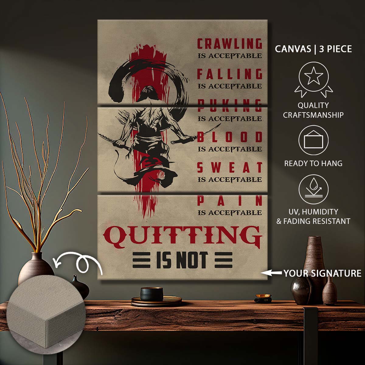 Samurai - 3 Piece Wall Art - SA083 - Quitting Is Not - Samurai Canvas